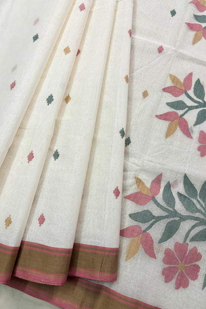 Off White Purely Handloom Needle Woven Jamdani Saree