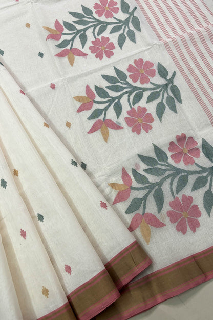 Off White Purely Handloom Needle Woven Jamdani Saree