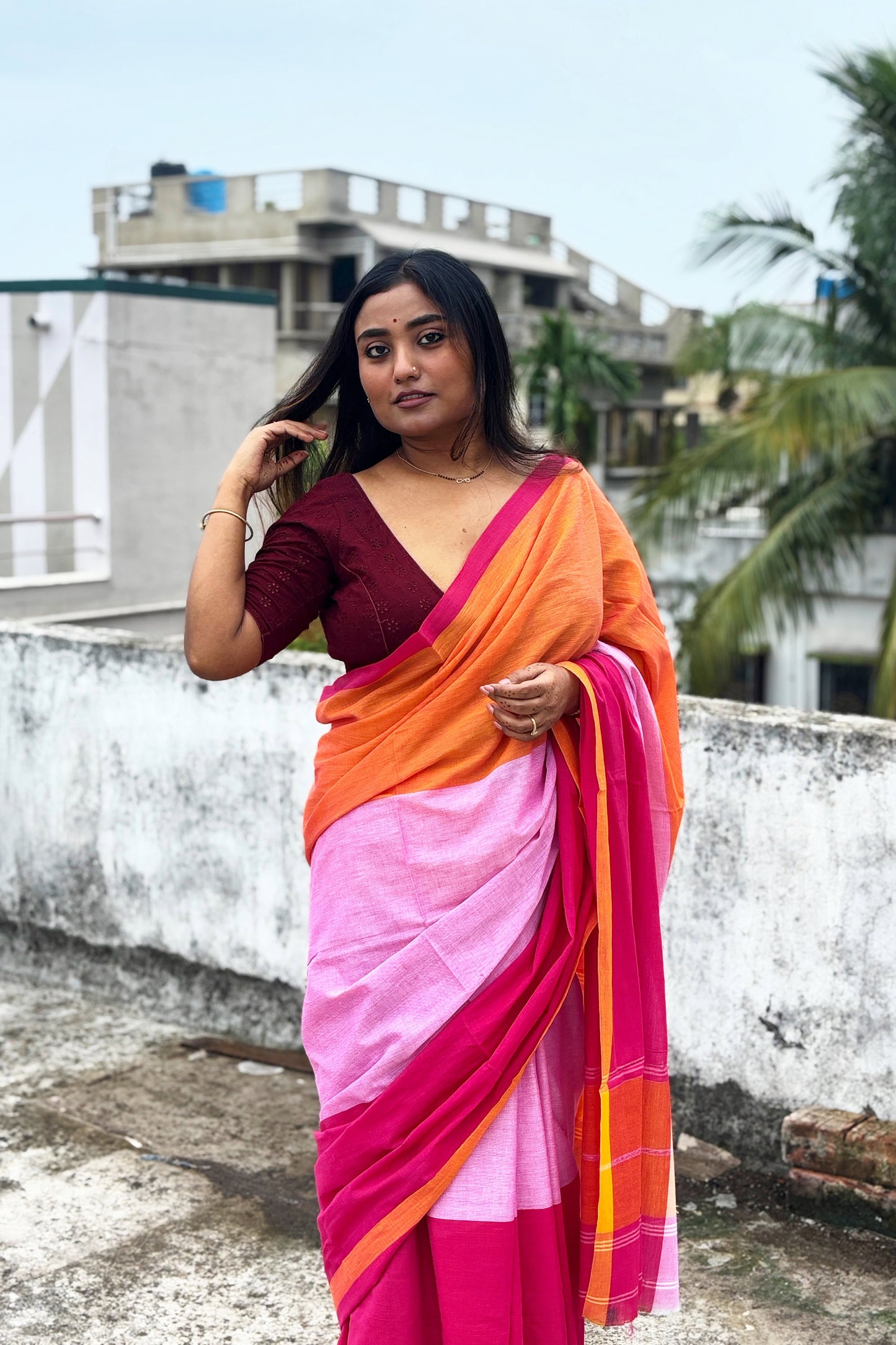 Tricolor Dhaniakhali Cotton Saree