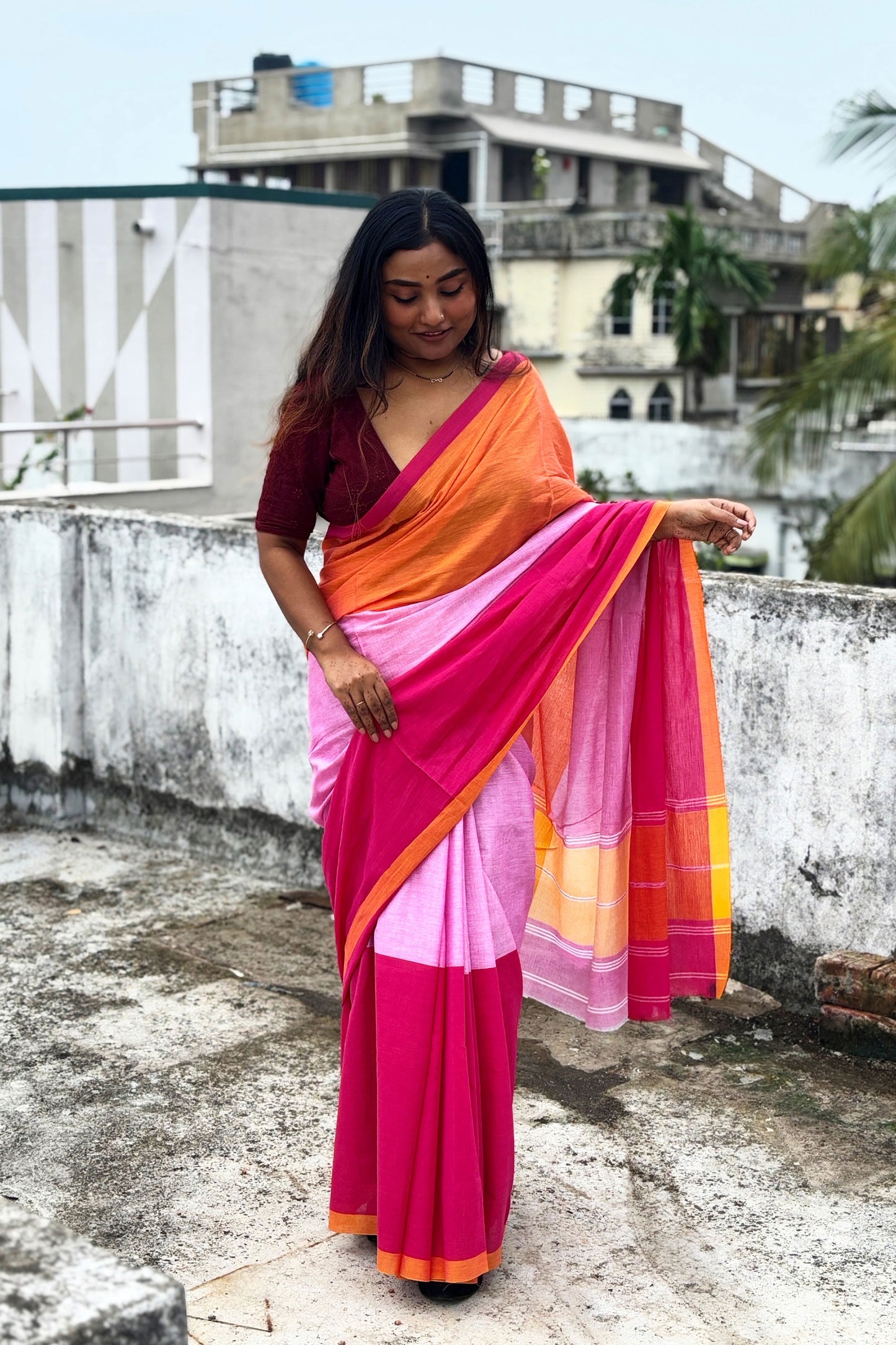 Tricolor Dhaniakhali Cotton Saree