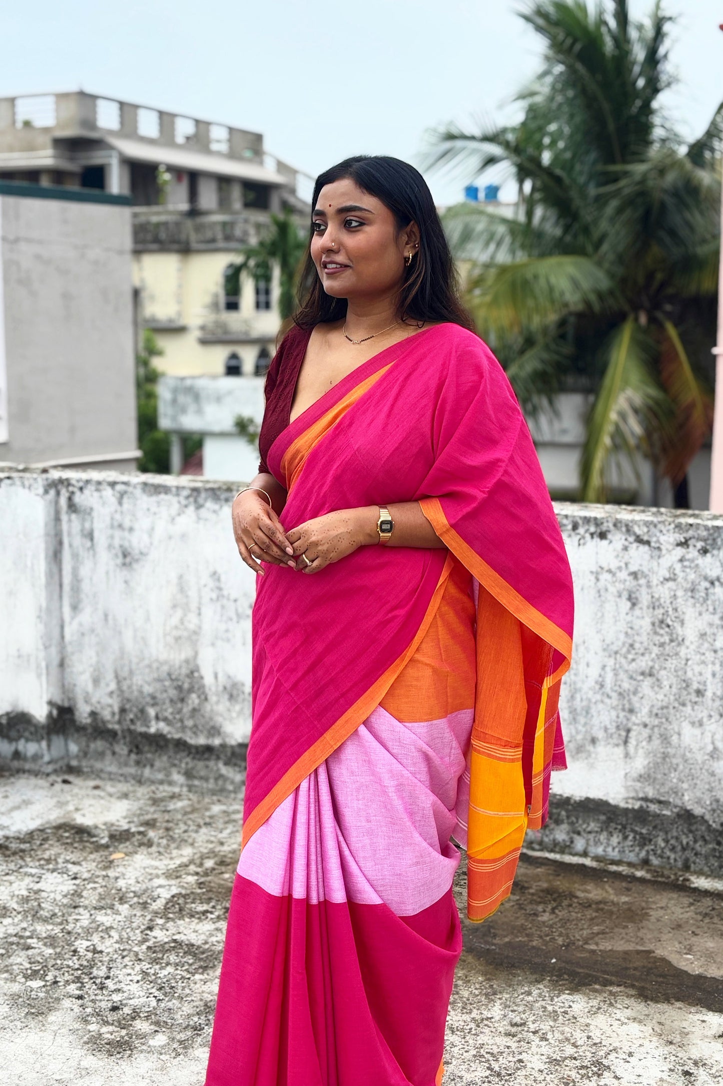 Tricolor Dhaniakhali Cotton Saree