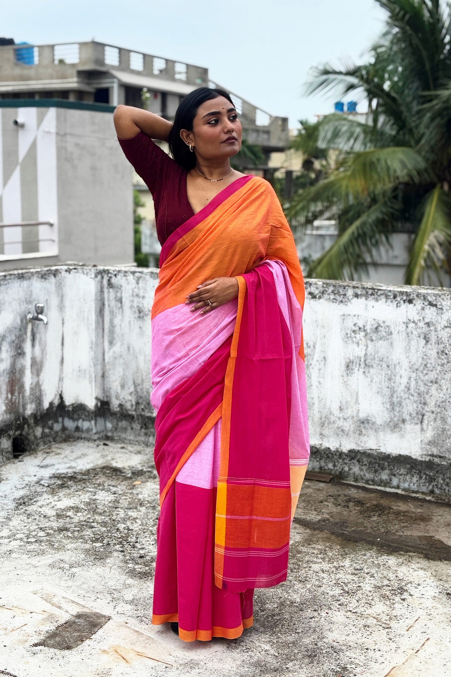 Tricolor Dhaniakhali Cotton Saree