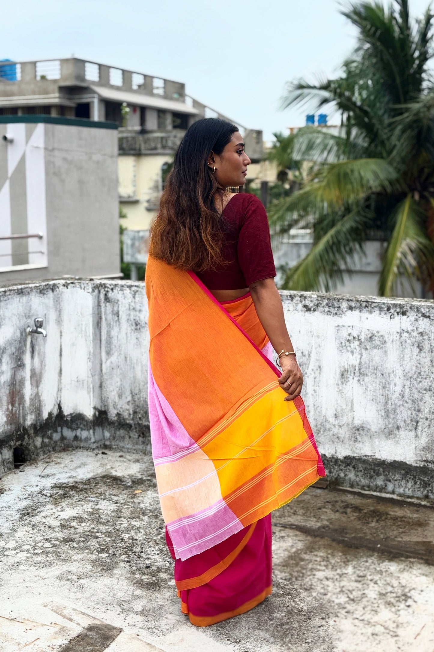 Tricolor Dhaniakhali Cotton Saree