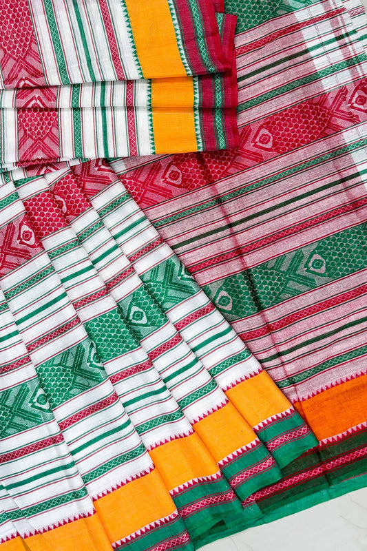 Red-Green Fish Motifs Dhaniakhali Cotton Saree with Yellow Border