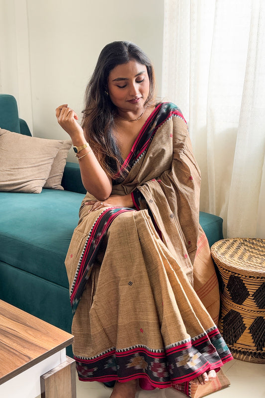 Brown Cotton Dhaniakhali Saree with woven Ikat Borders