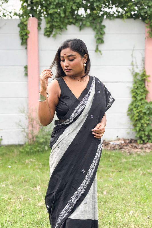 Black Grey Cotton Dhaniakhali Saree with Woven Fish Borders