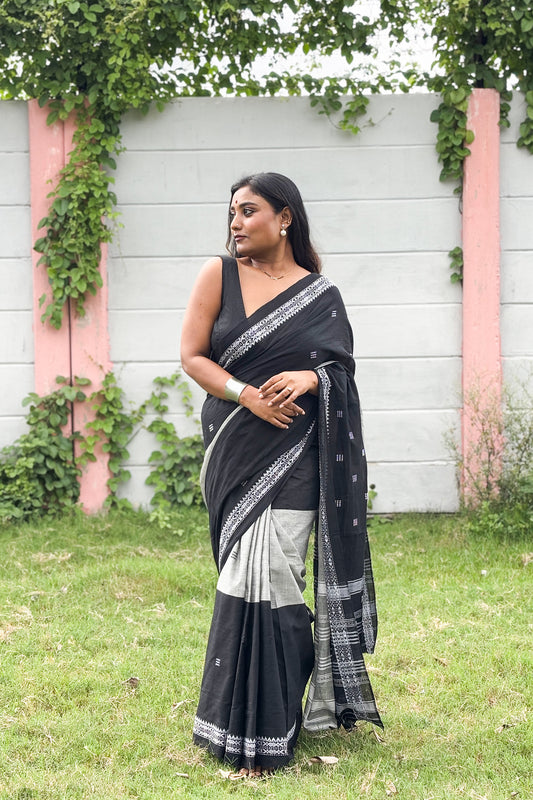 Black Grey Cotton Dhaniakhali Saree with Woven Fish Borders