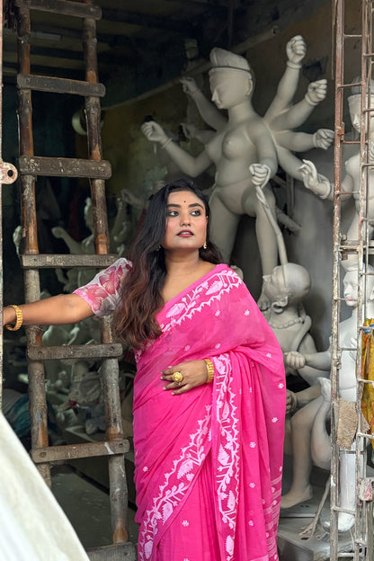 Pink White Purely Handloom Needle Woven Jamdani Saree