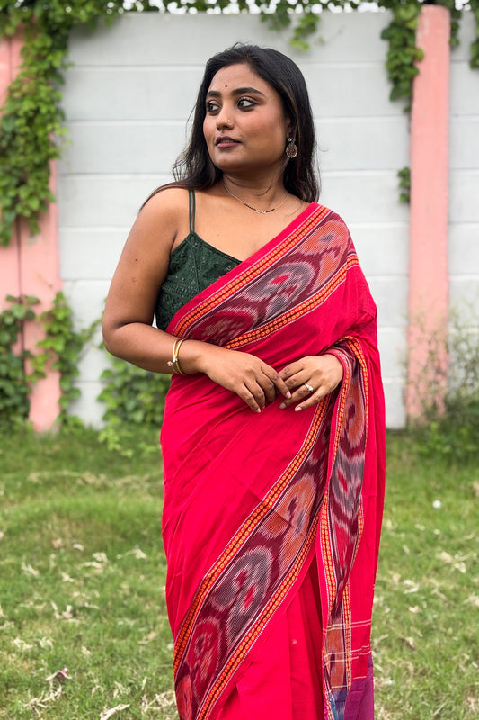 Red Cotton Dhaniakhali Saree with woven Ikat Borders
