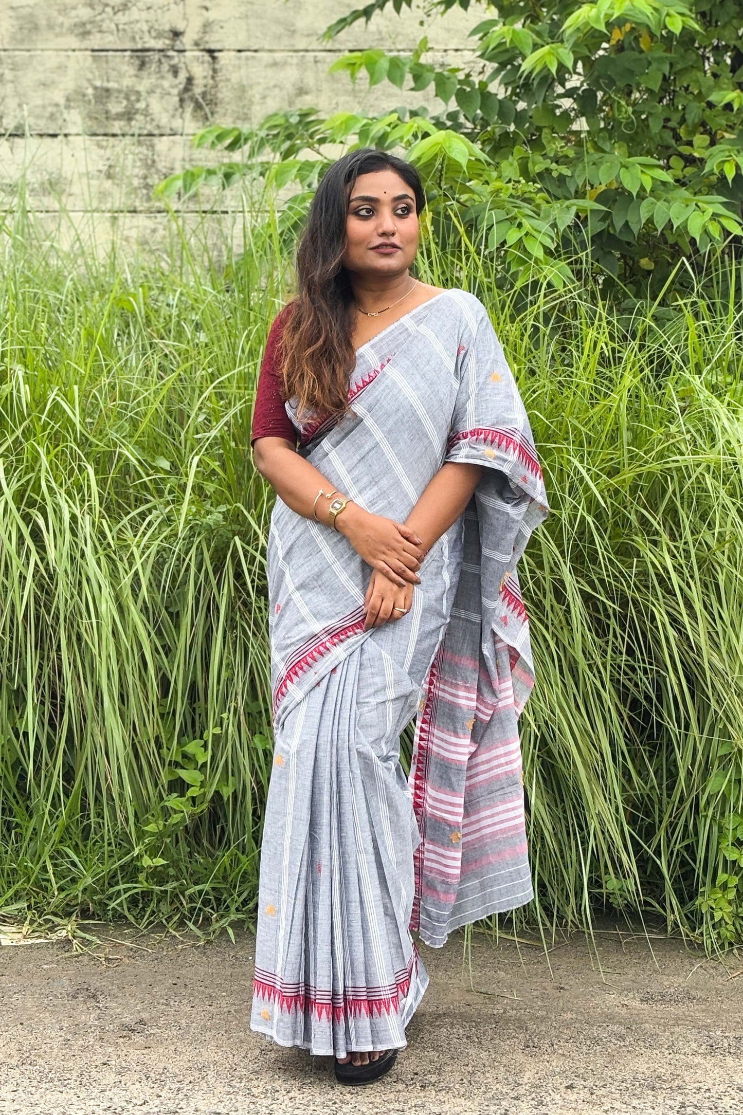 Grey Cotton Dhaniakhali Saree with Woven Love Motifs
