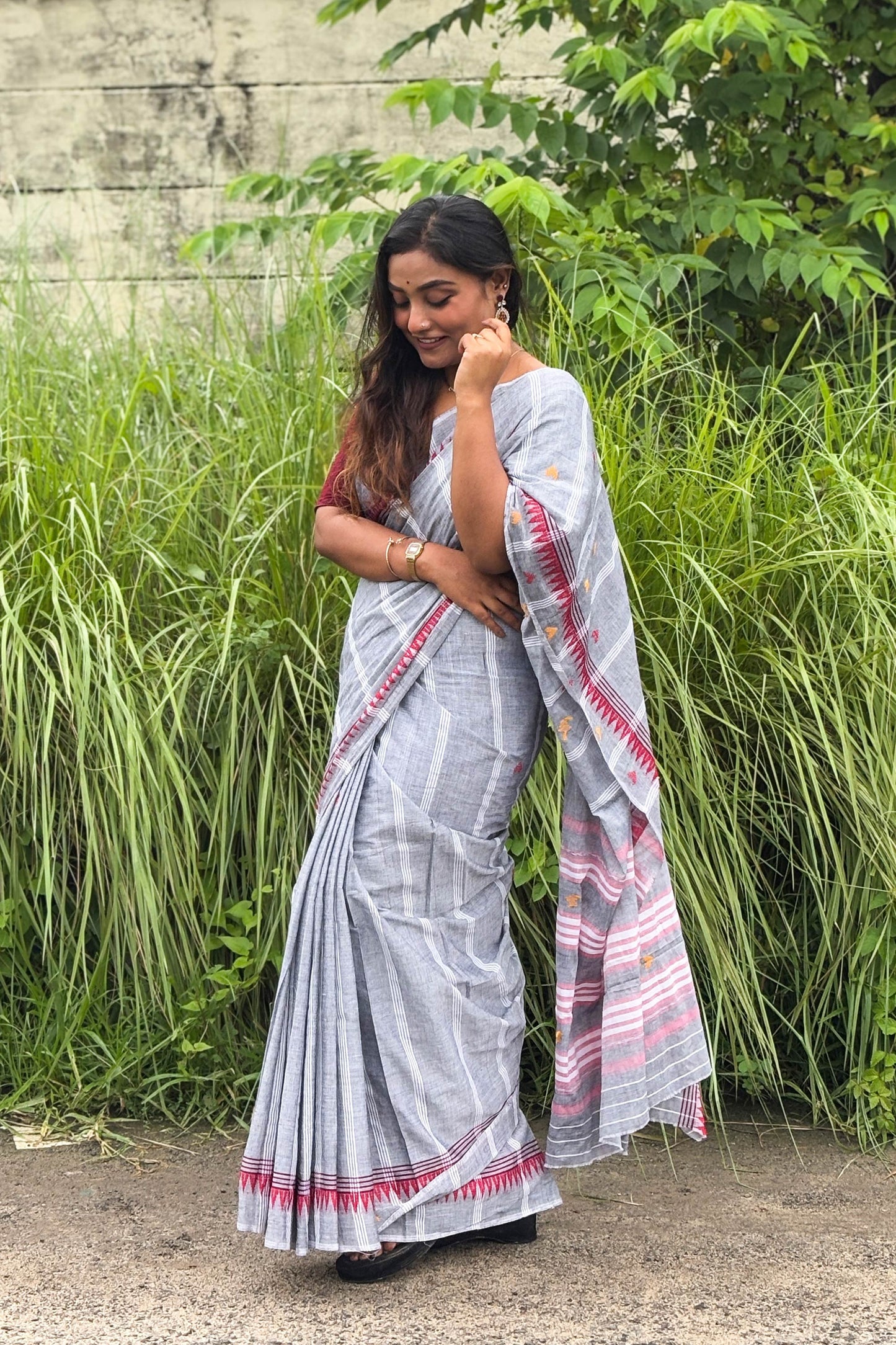 Grey Cotton Dhaniakhali Saree with Woven Love Motifs