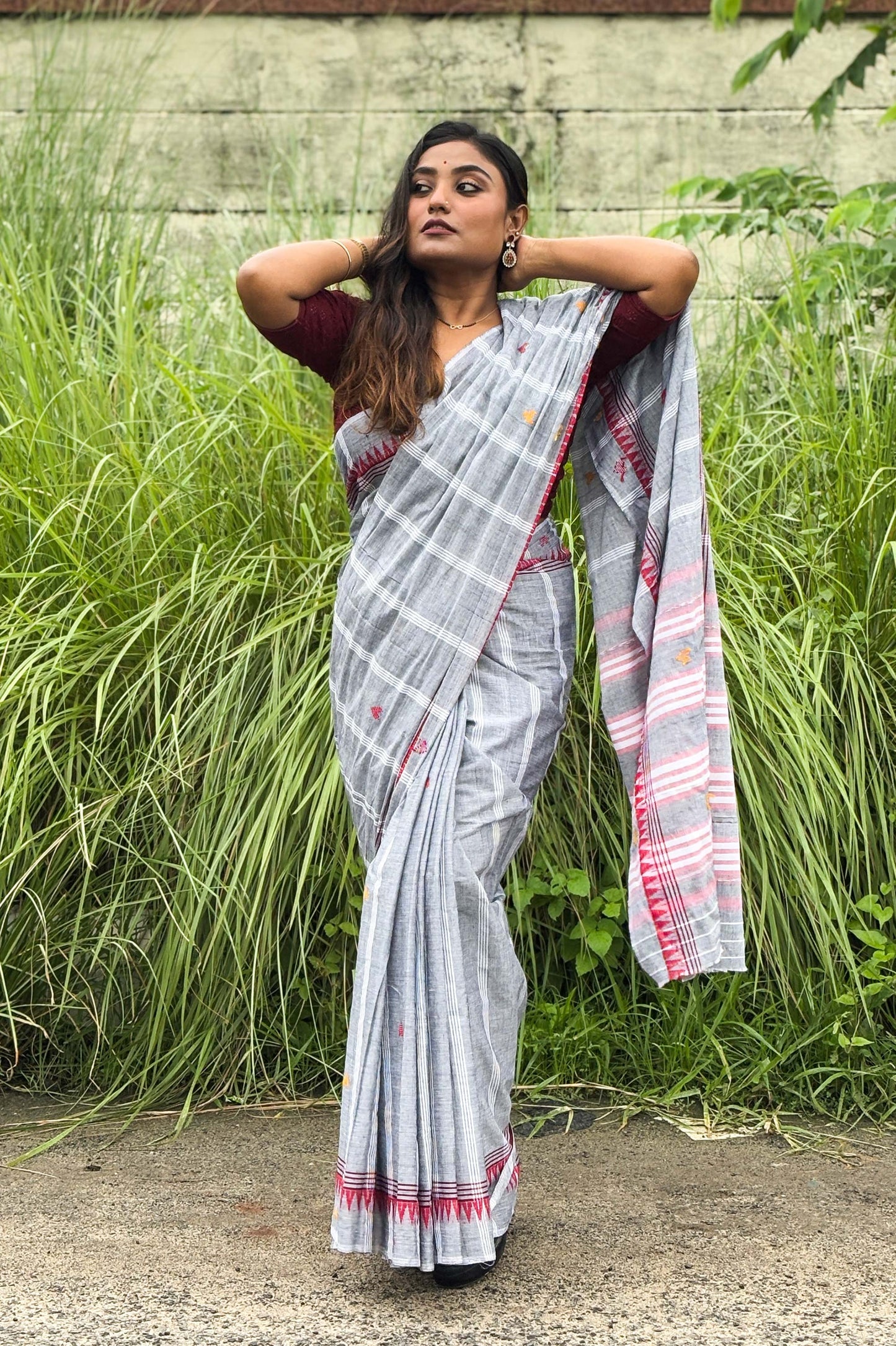 Grey Cotton Dhaniakhali Saree with Woven Love Motifs