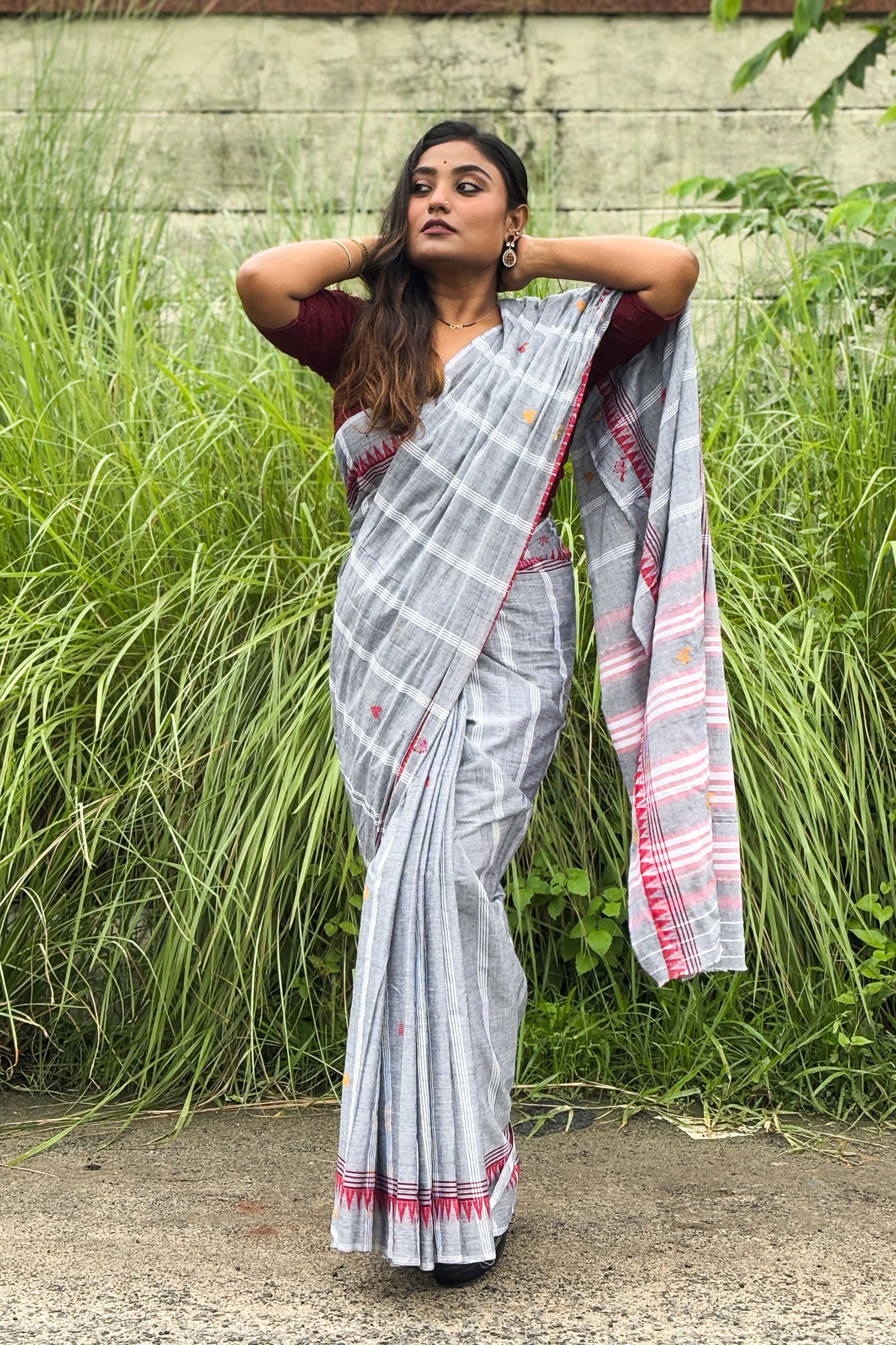 Grey Cotton Dhaniakhali Saree with Red Temple Borders