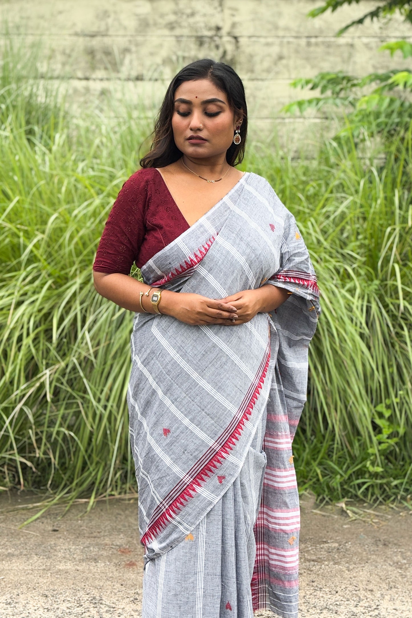 Grey Cotton Dhaniakhali Saree with Woven Love Motifs