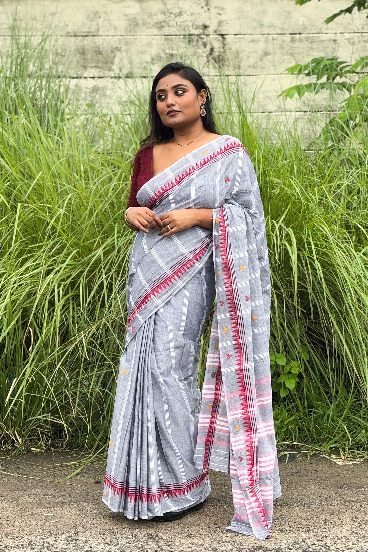 Grey Cotton Dhaniakhali Saree with Woven Love Motifs