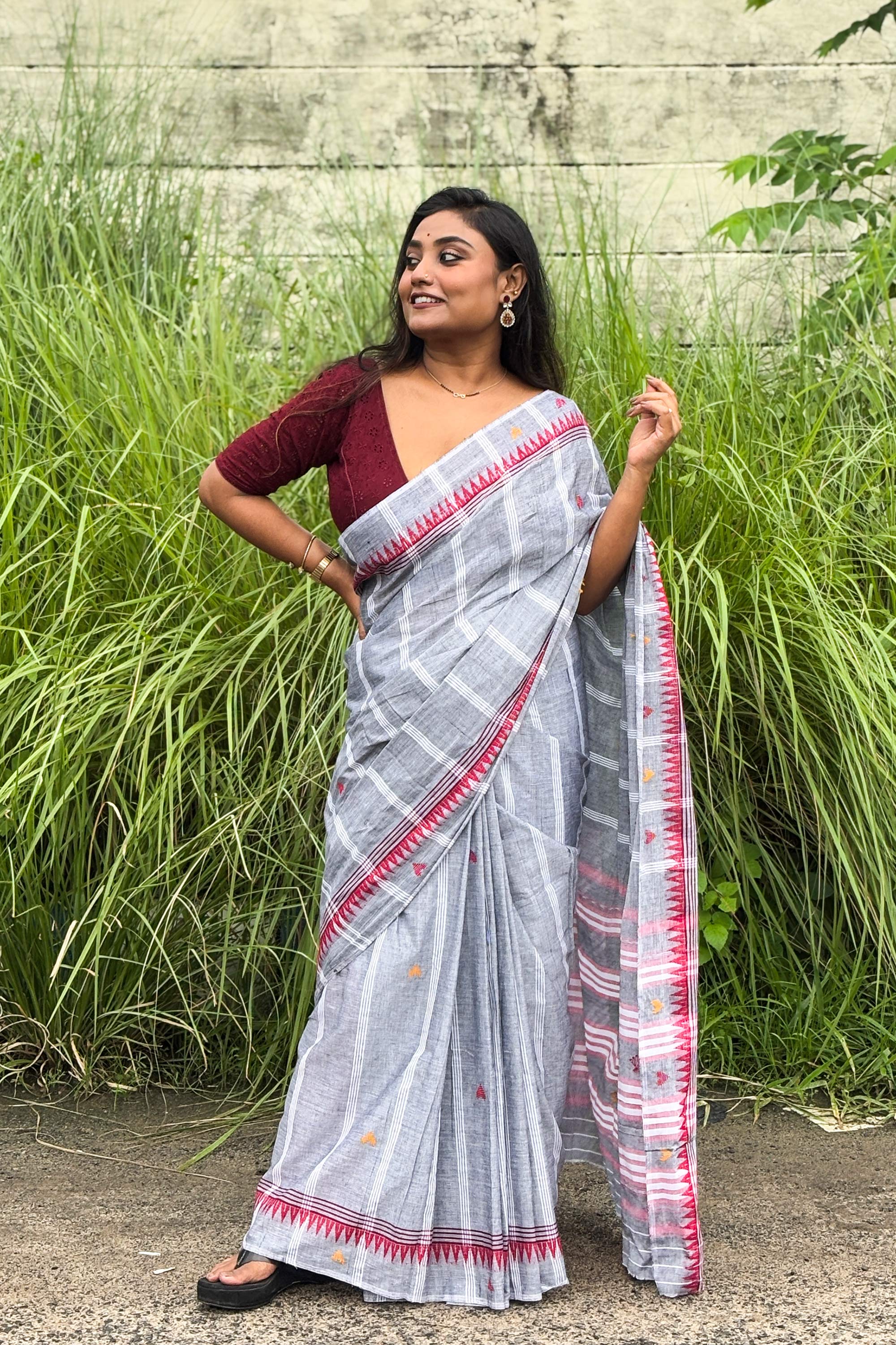 Grey Cotton Dhaniakhali Saree with Red Temple Borders