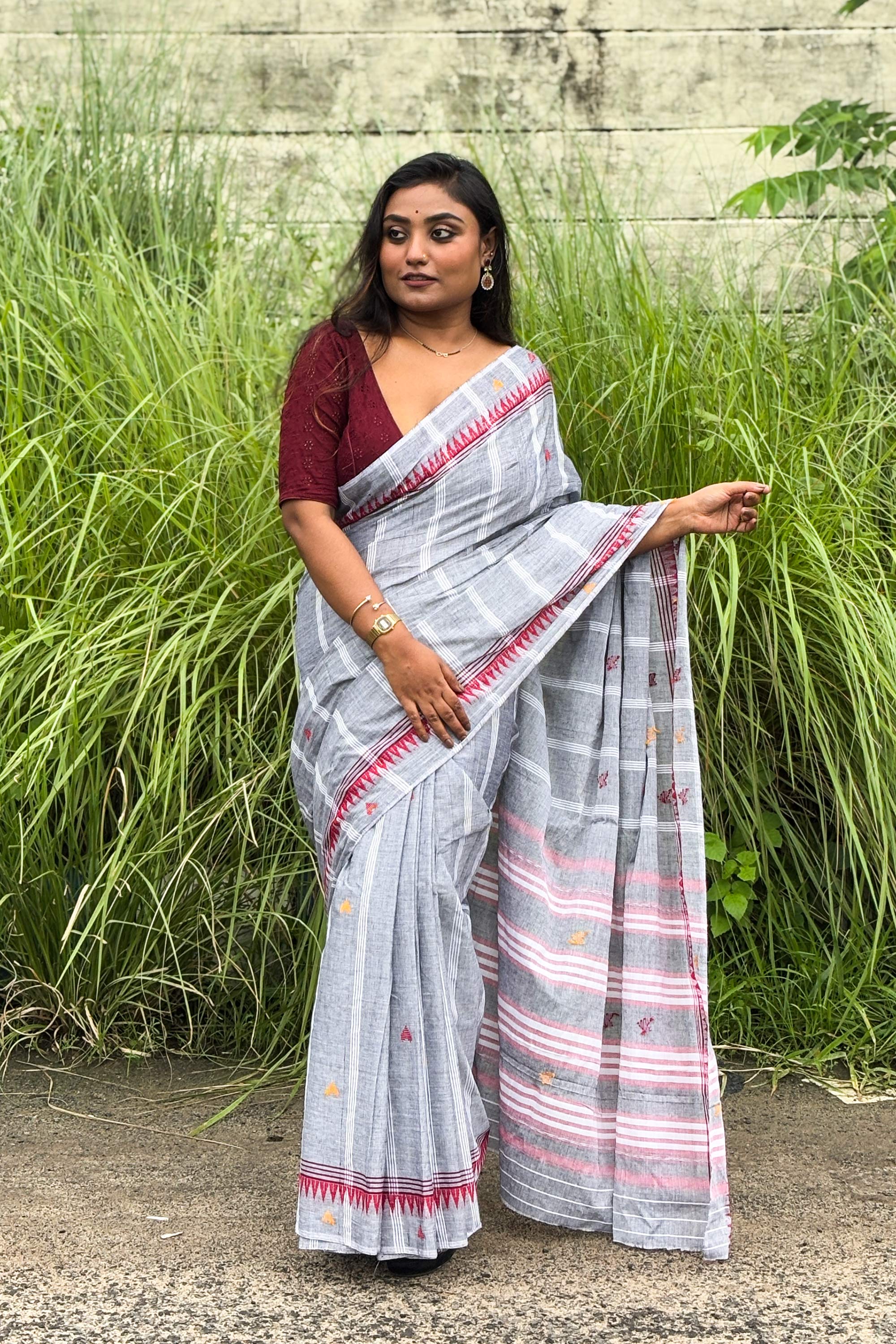Grey Cotton Dhaniakhali Saree with Red Temple Borders