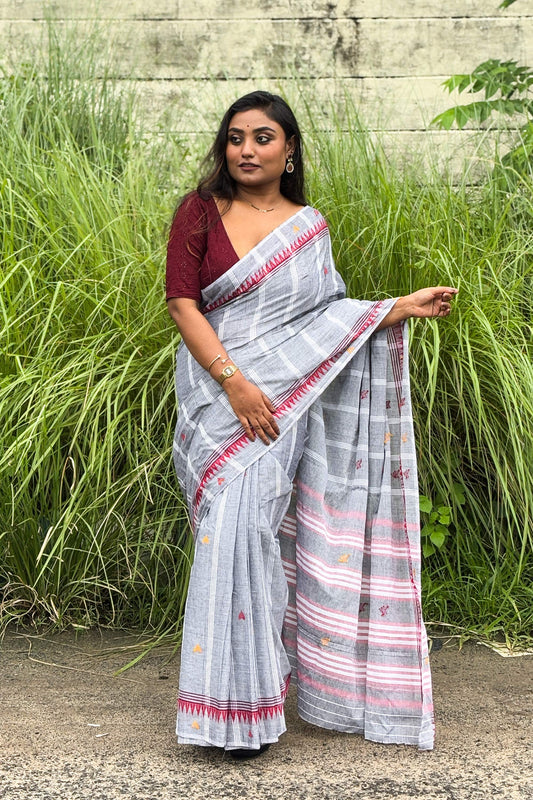 Grey Cotton Dhaniakhali Saree with Woven Love Motifs