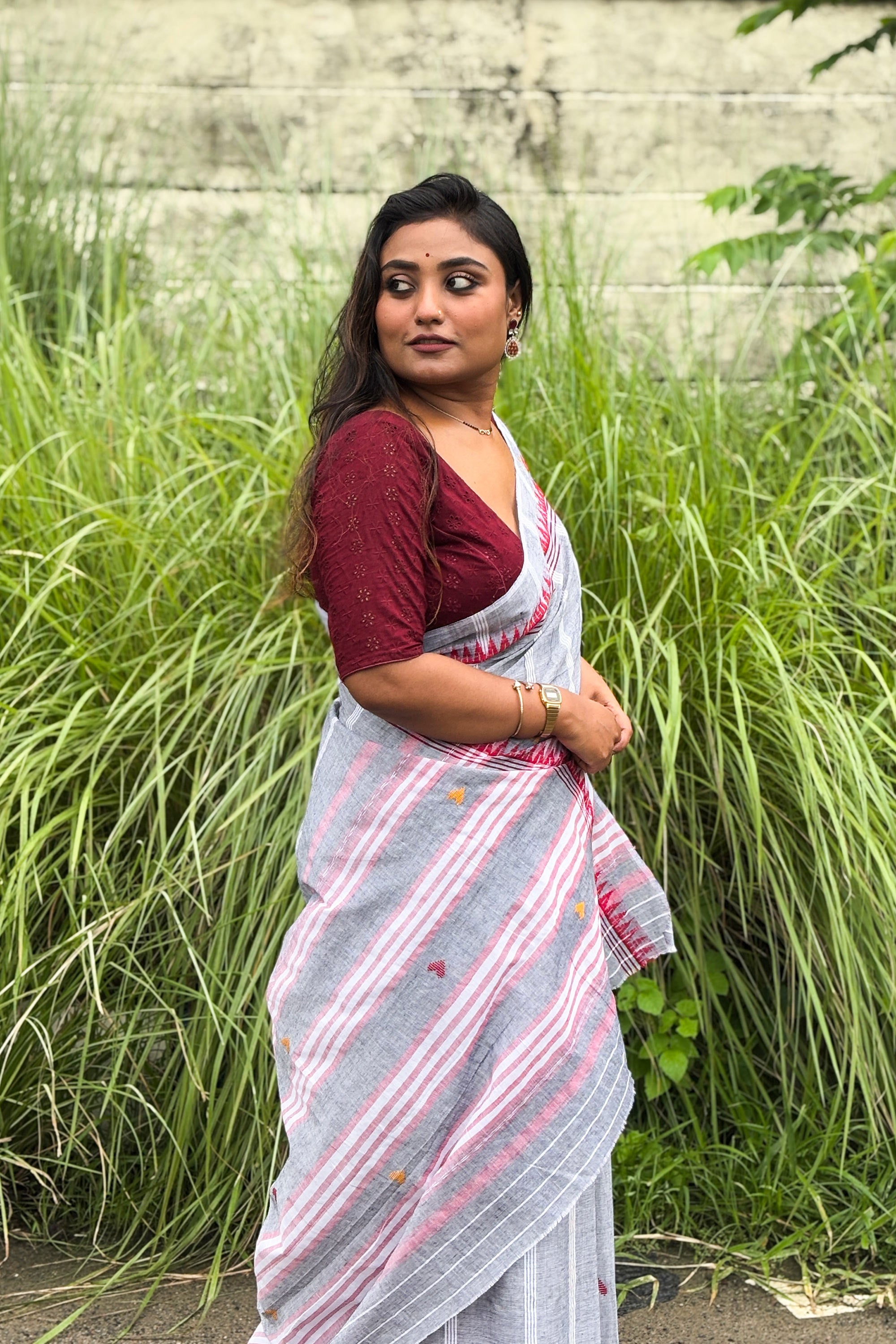 Grey Cotton Dhaniakhali Saree with Red Temple Borders