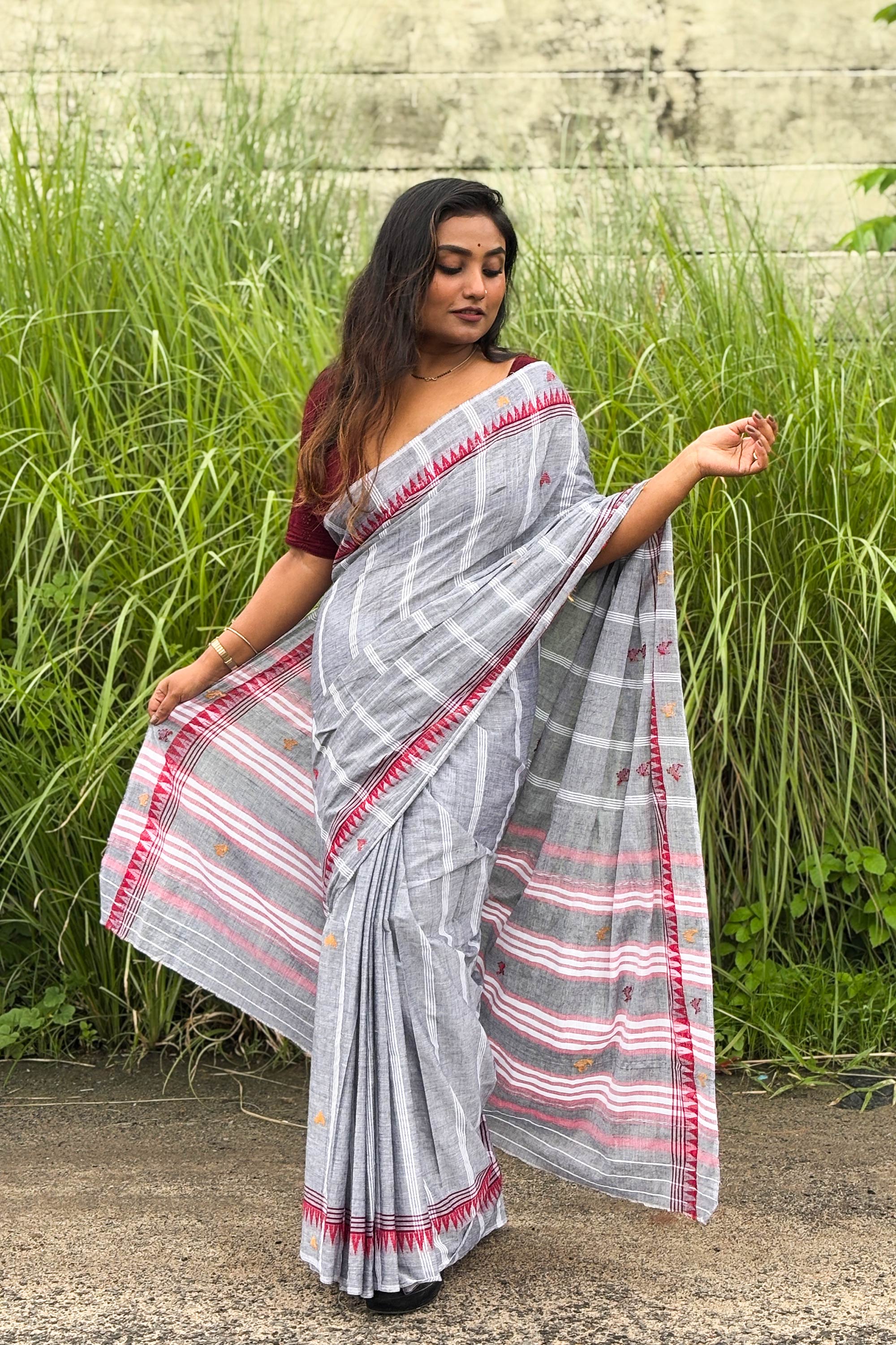 Grey Cotton Dhaniakhali Saree with Red Temple Borders
