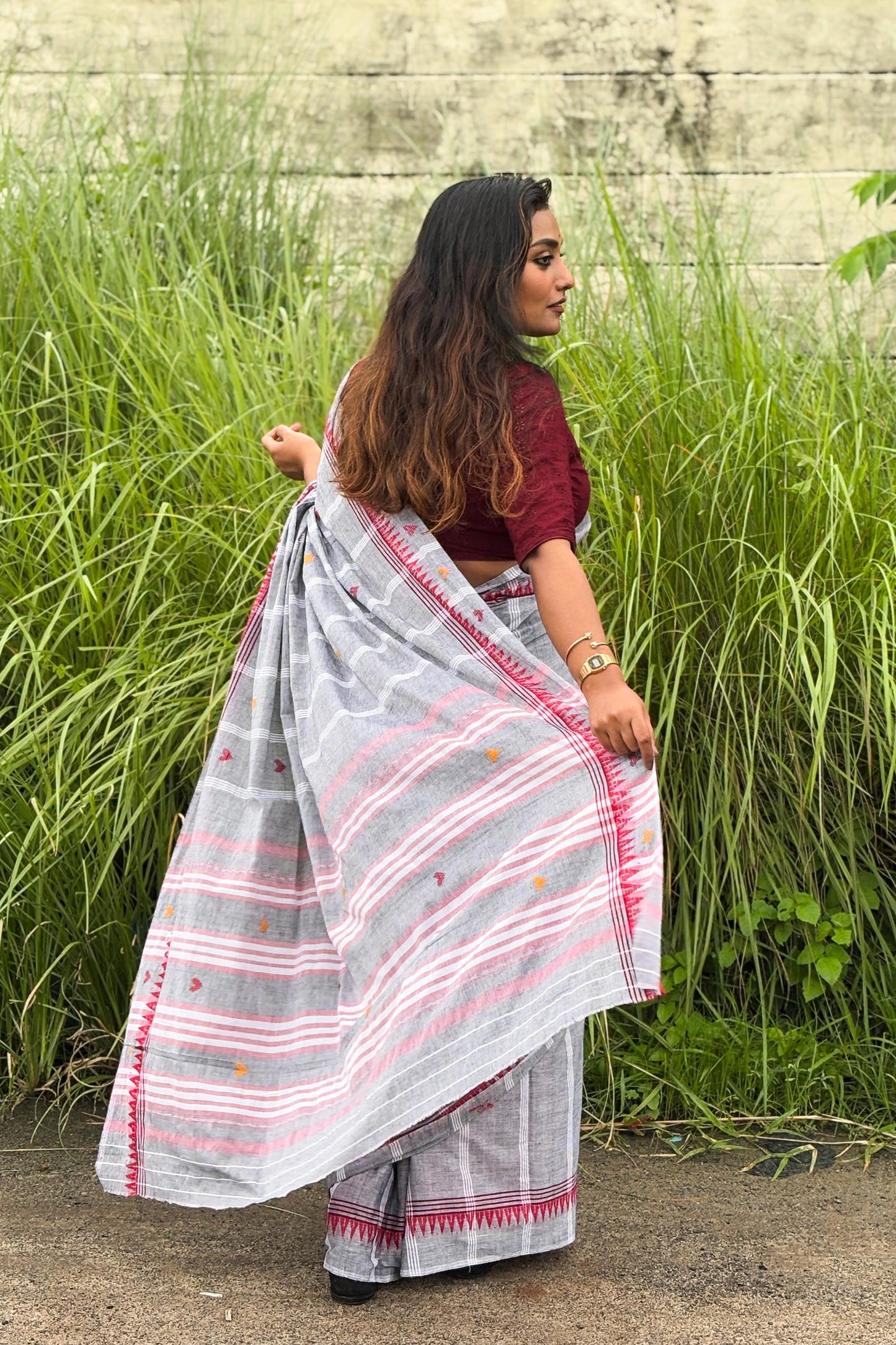 Grey Cotton Dhaniakhali Saree with Woven Love Motifs