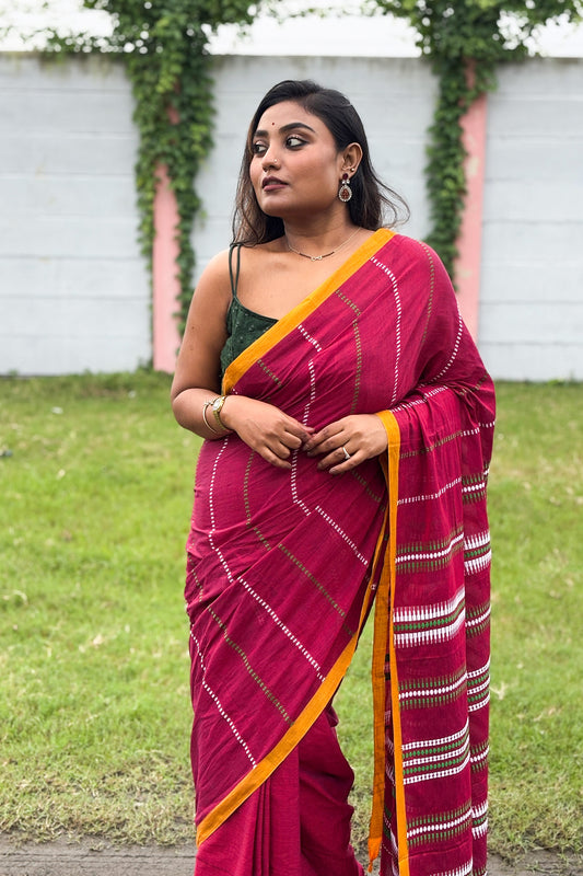 Maroon Begumpuri Cotton Handloom Saree with Yellow Borders
