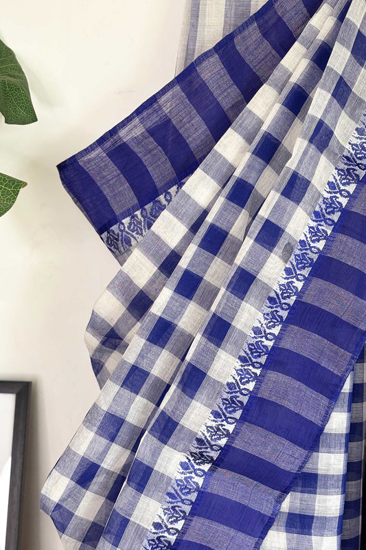 White Blue Check Cotton Dhaniakhali Saree