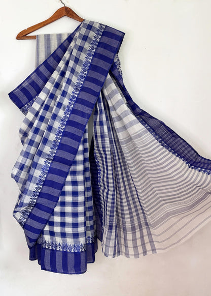White Blue Check Cotton Dhaniakhali Saree