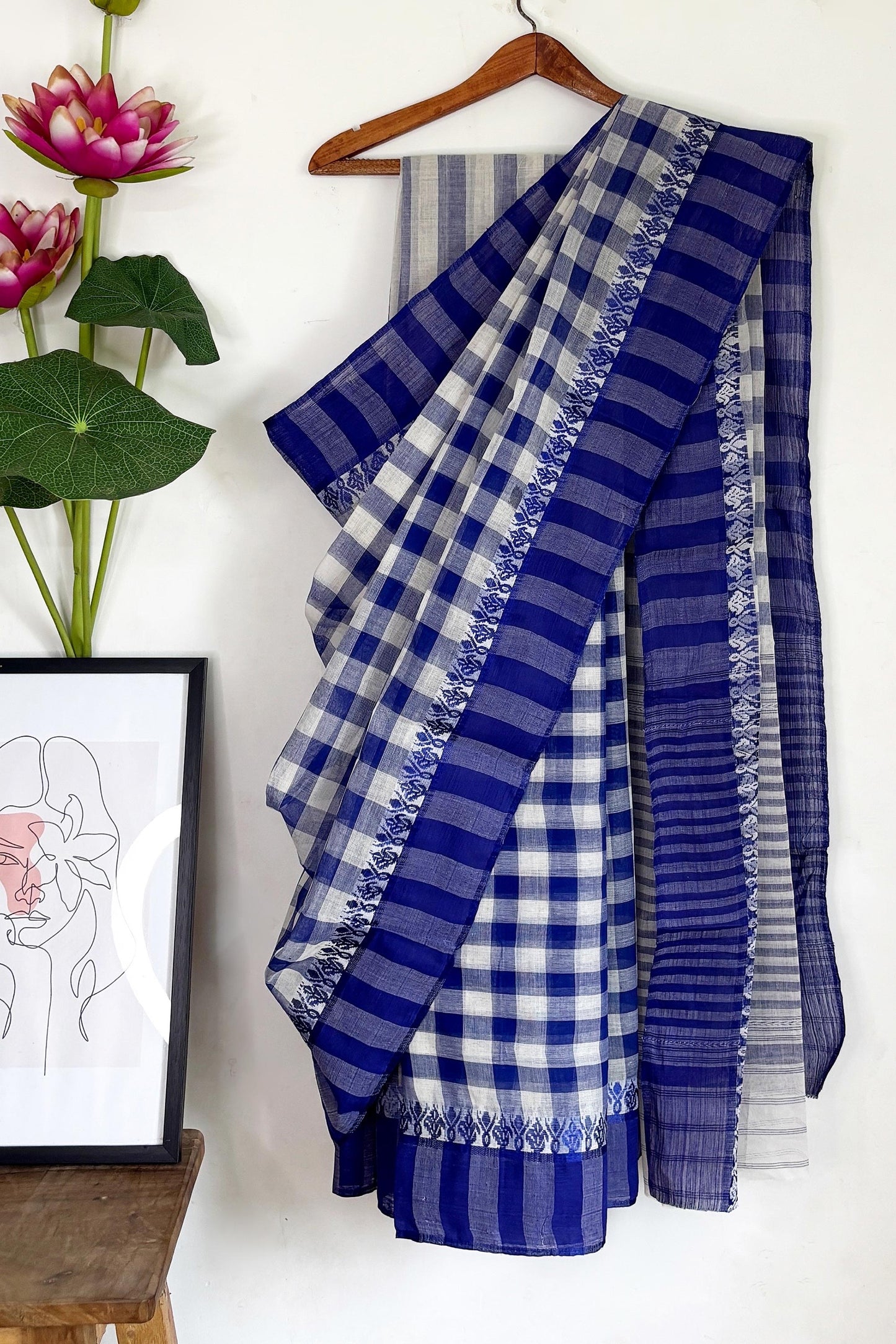 White Blue Check Cotton Dhaniakhali Saree
