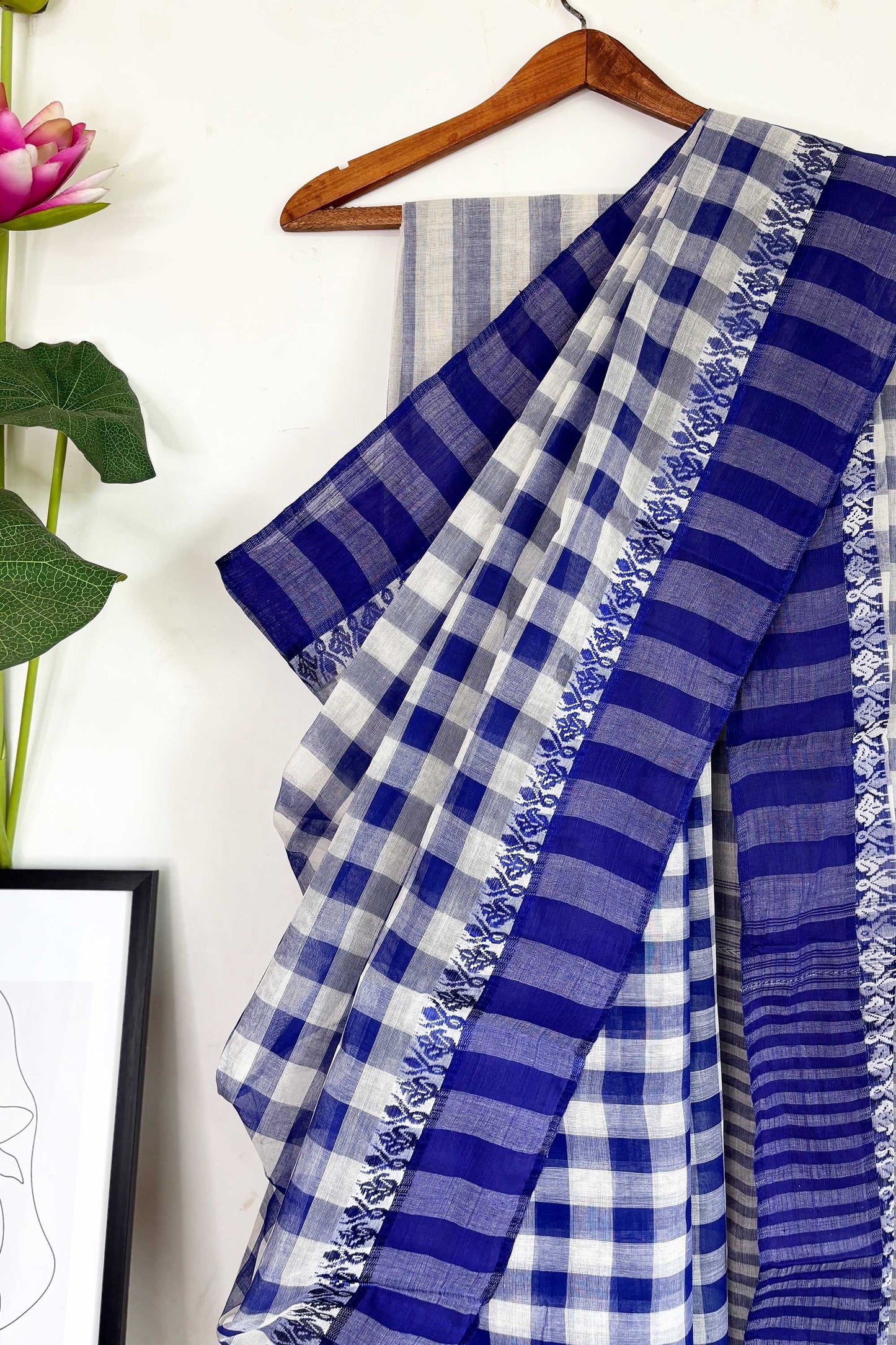 White Blue Check Cotton Dhaniakhali Saree