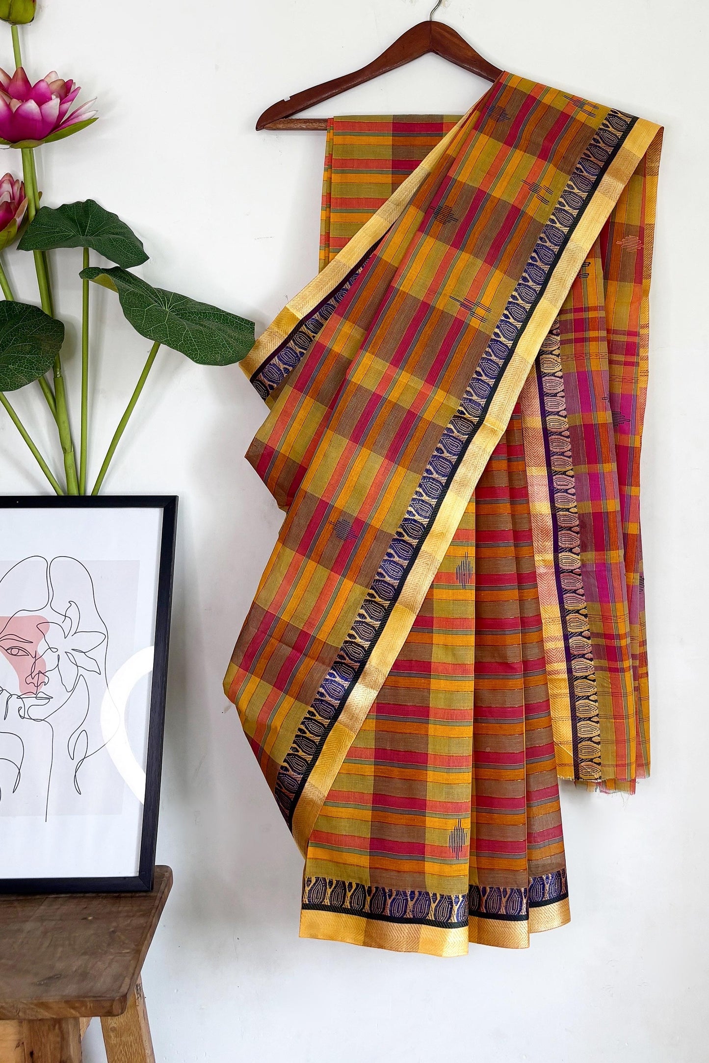 Multicolor Cotton Dhaniakhali Saree with Zari Stripes