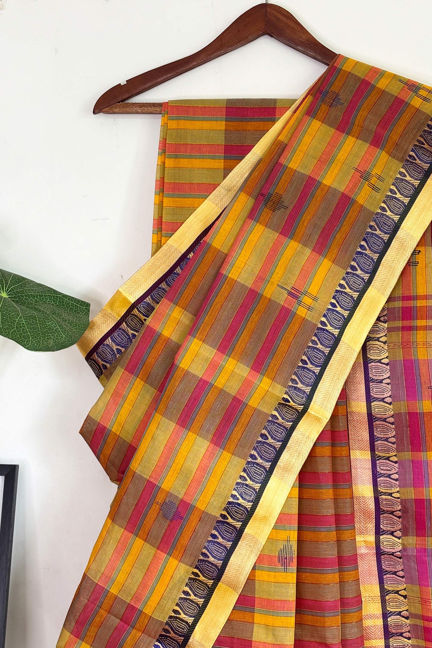 Multicolor Cotton Dhaniakhali Saree with Zari Stripes