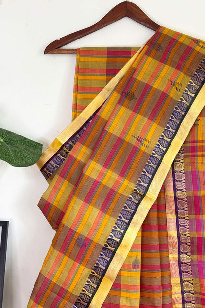 Multicolor Cotton Dhaniakhali Saree with Zari Stripes