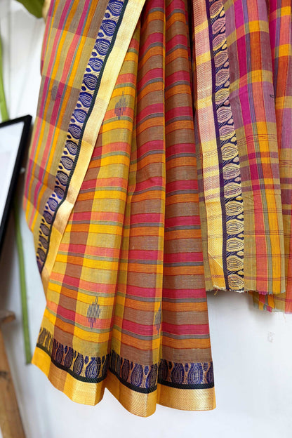 Multicolor Cotton Dhaniakhali Saree with Zari Stripes