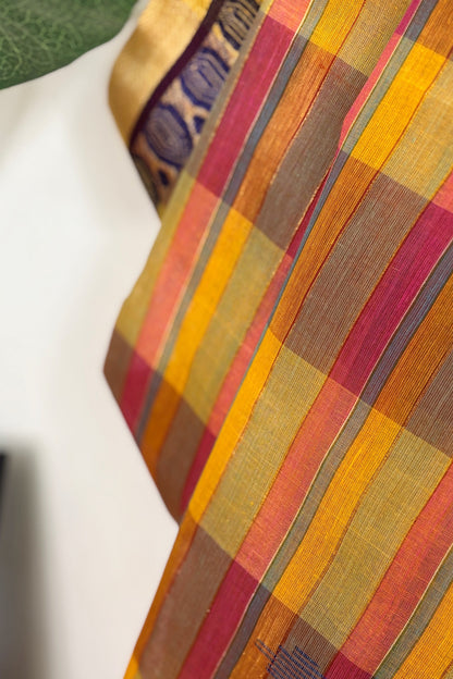 Multicolor Cotton Dhaniakhali Saree with Zari Stripes