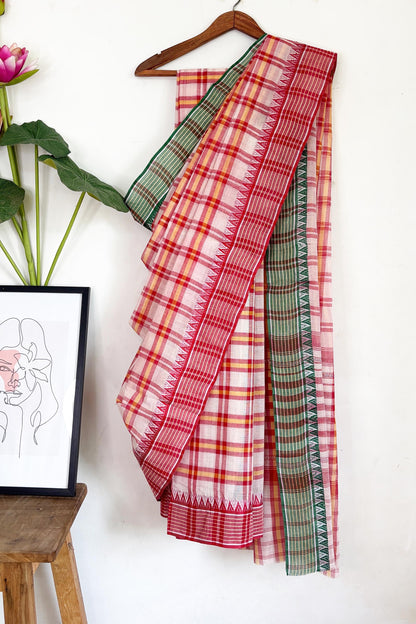 White Red Check Cotton Dhaniakhali Saree with Ganga Jamuna Border