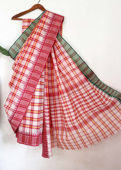 White Red Check Cotton Dhaniakhali Saree with Ganga Jamuna Border
