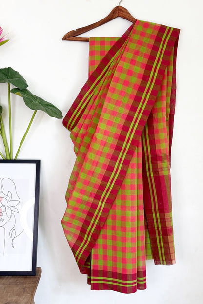Pink Green Check Cotton Dhaniakhali Saree