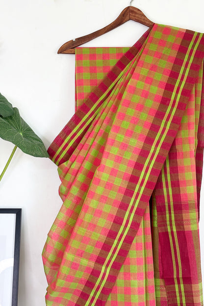 Pink Green Check Cotton Dhaniakhali Saree