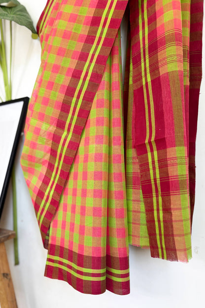 Pink Green Check Cotton Dhaniakhali Saree