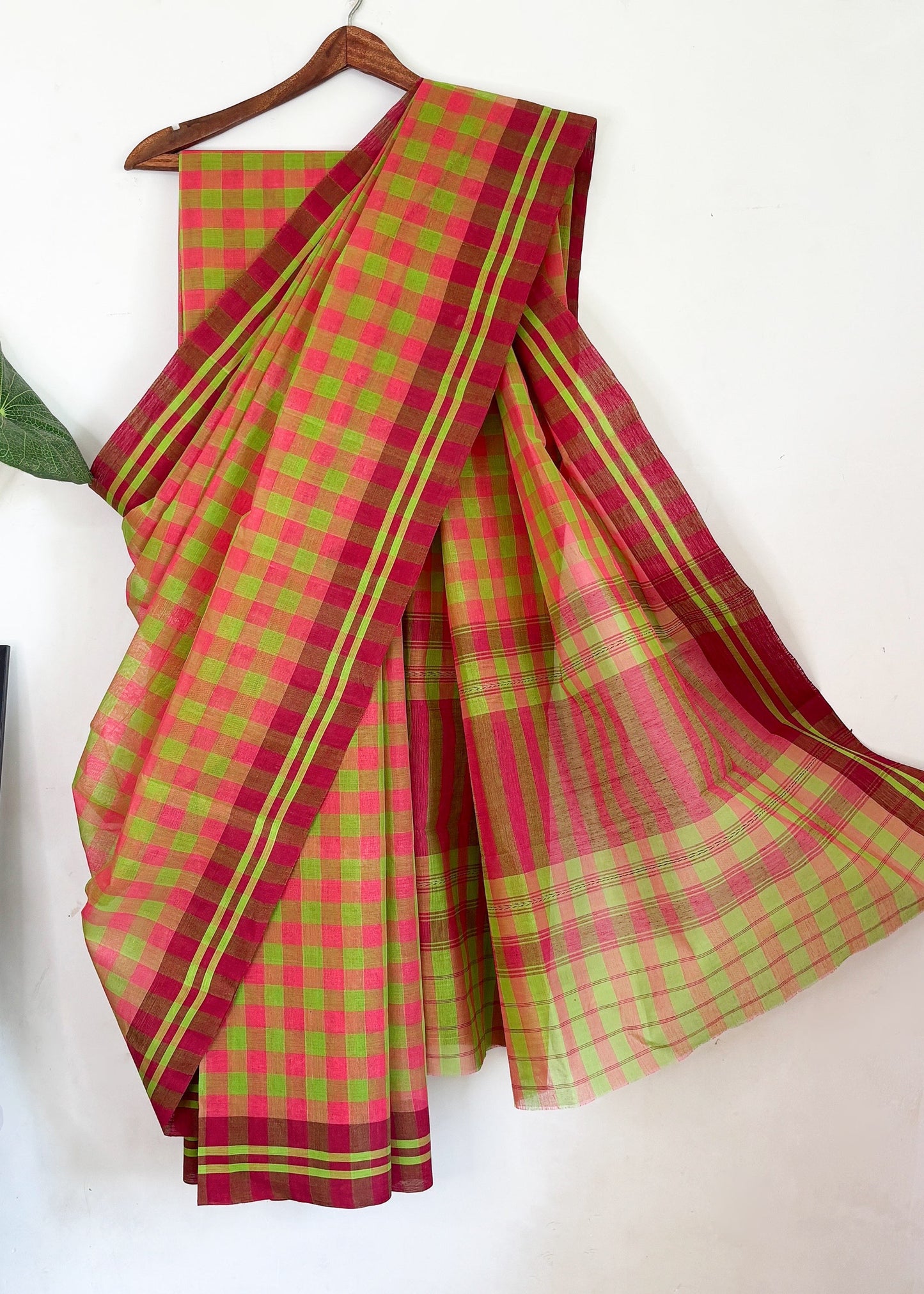 Pink Green Check Cotton Dhaniakhali Saree