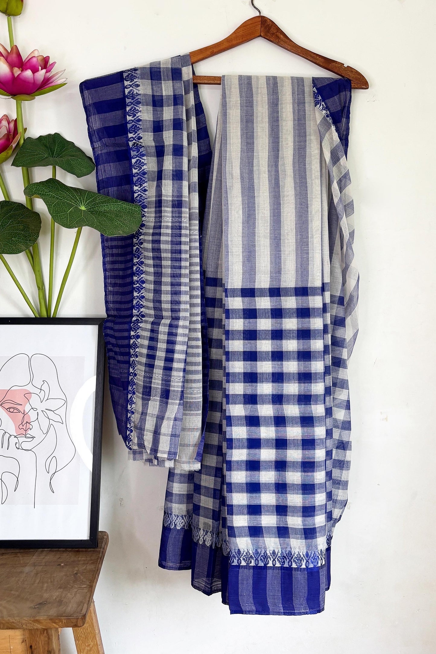 White Blue Check Cotton Dhaniakhali Saree