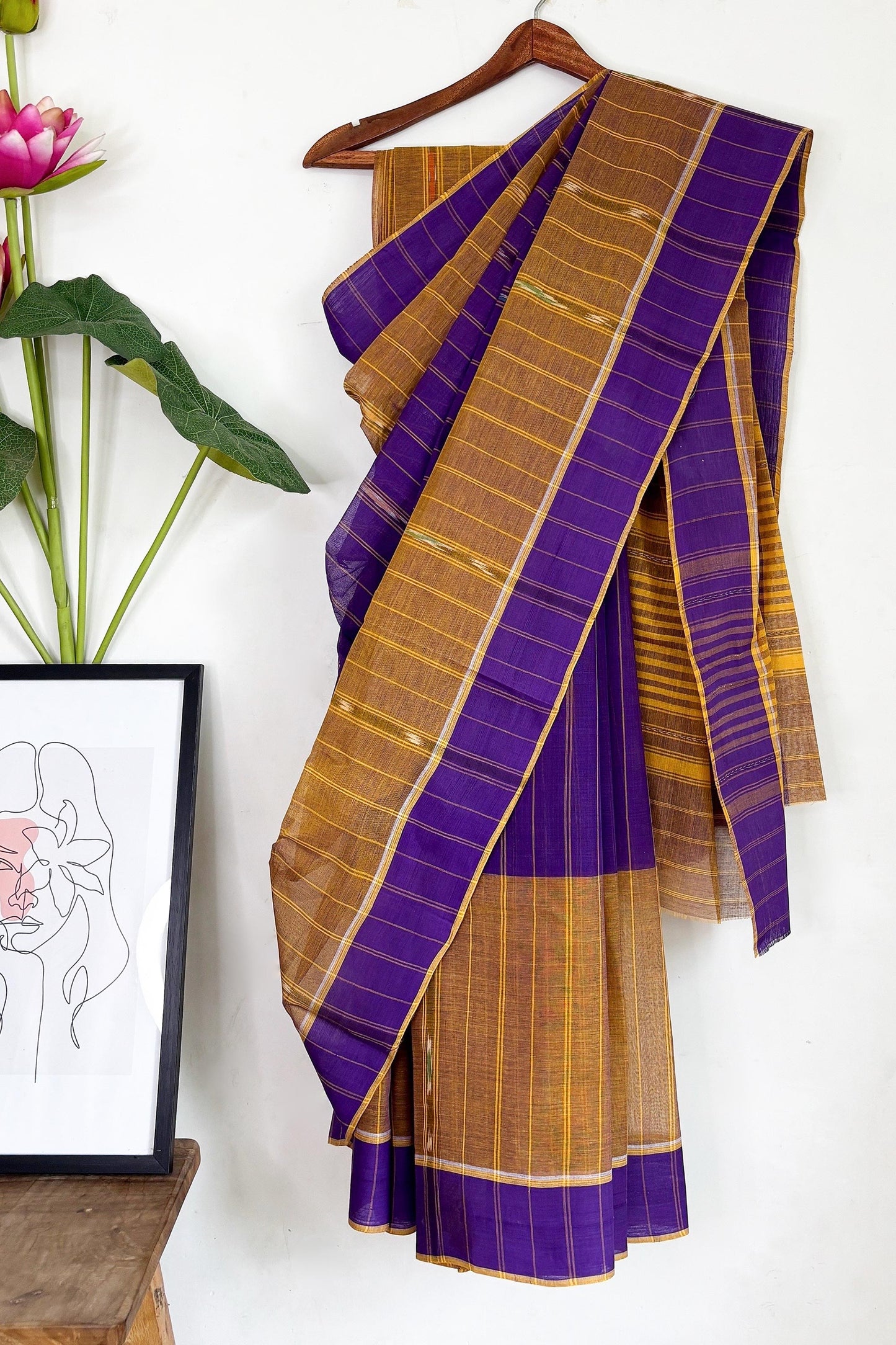 Purple and Mustard Yellow Cotton Dhaniakhali Saree with Ikat Stripes
