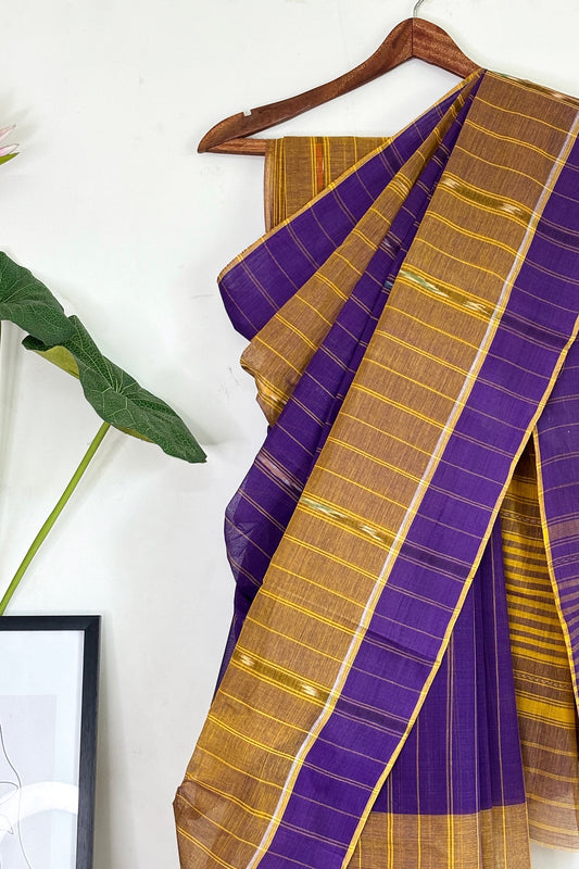 Purple and Mustard Yellow Cotton Dhaniakhali Saree with Ikat Stripes