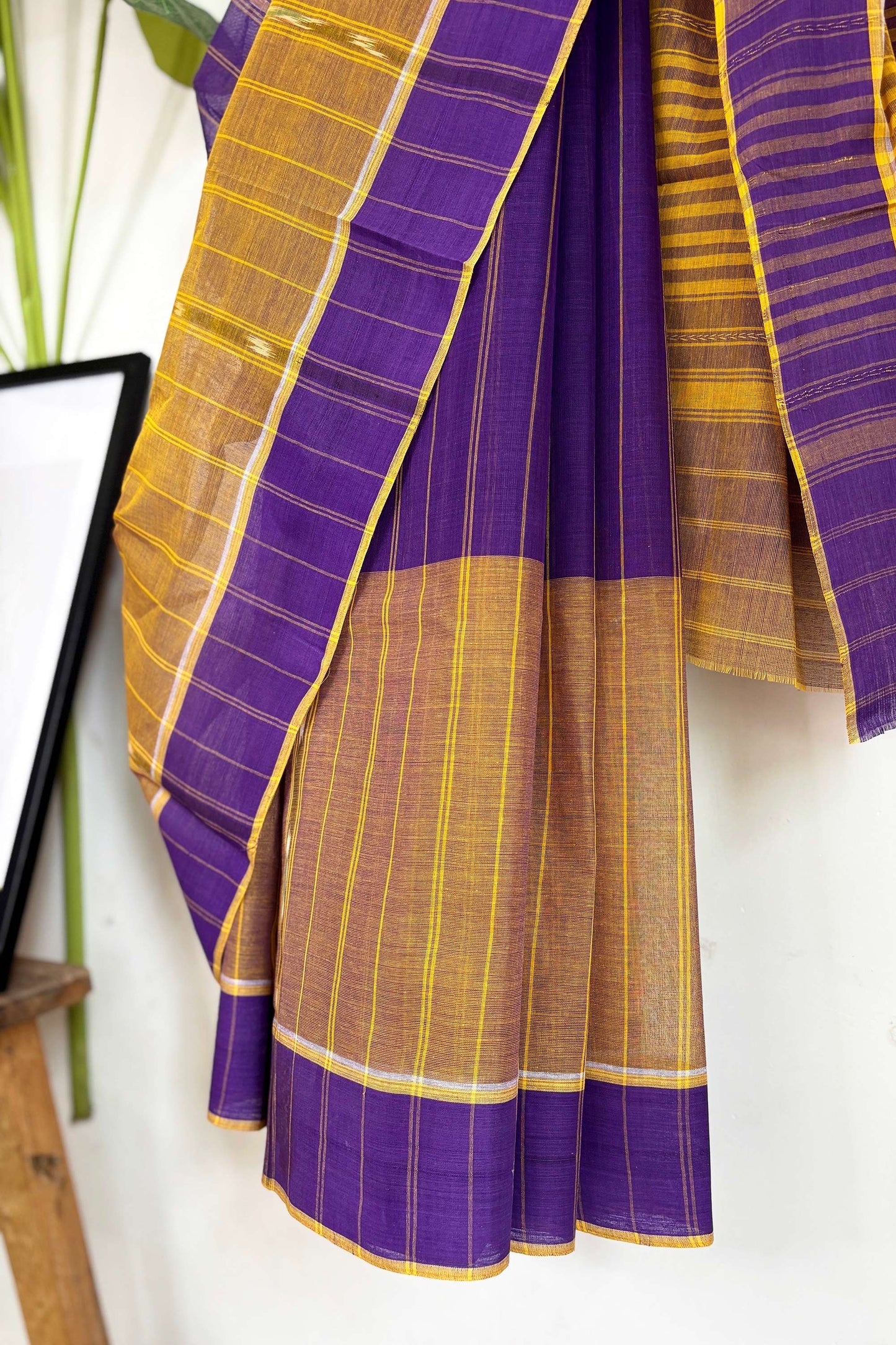 Purple and Mustard Yellow Cotton Dhaniakhali Saree with Ikat Stripes