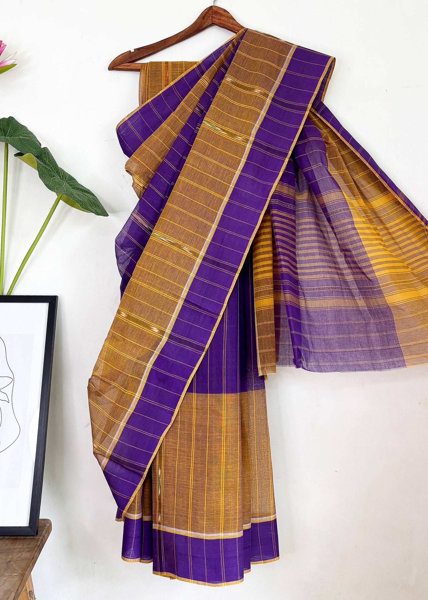Purple and Mustard Yellow Cotton Dhaniakhali Saree with Ikat Stripes