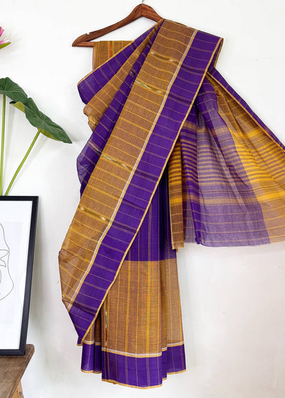 Purple and Mustard Yellow Cotton Dhaniakhali Saree with Ikat Stripes