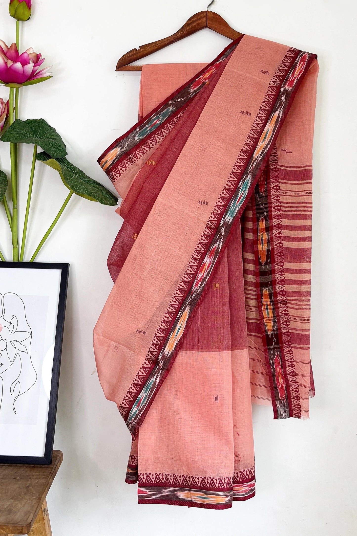 Peach Maroon Cotton Dhaniakhali Saree with Ikat Borders