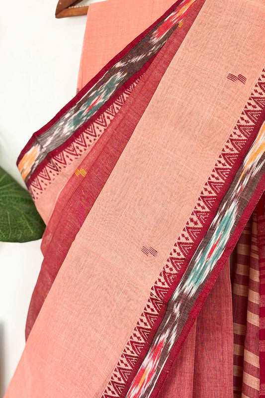 Peach Maroon Cotton Dhaniakhali Saree with Ikat Borders