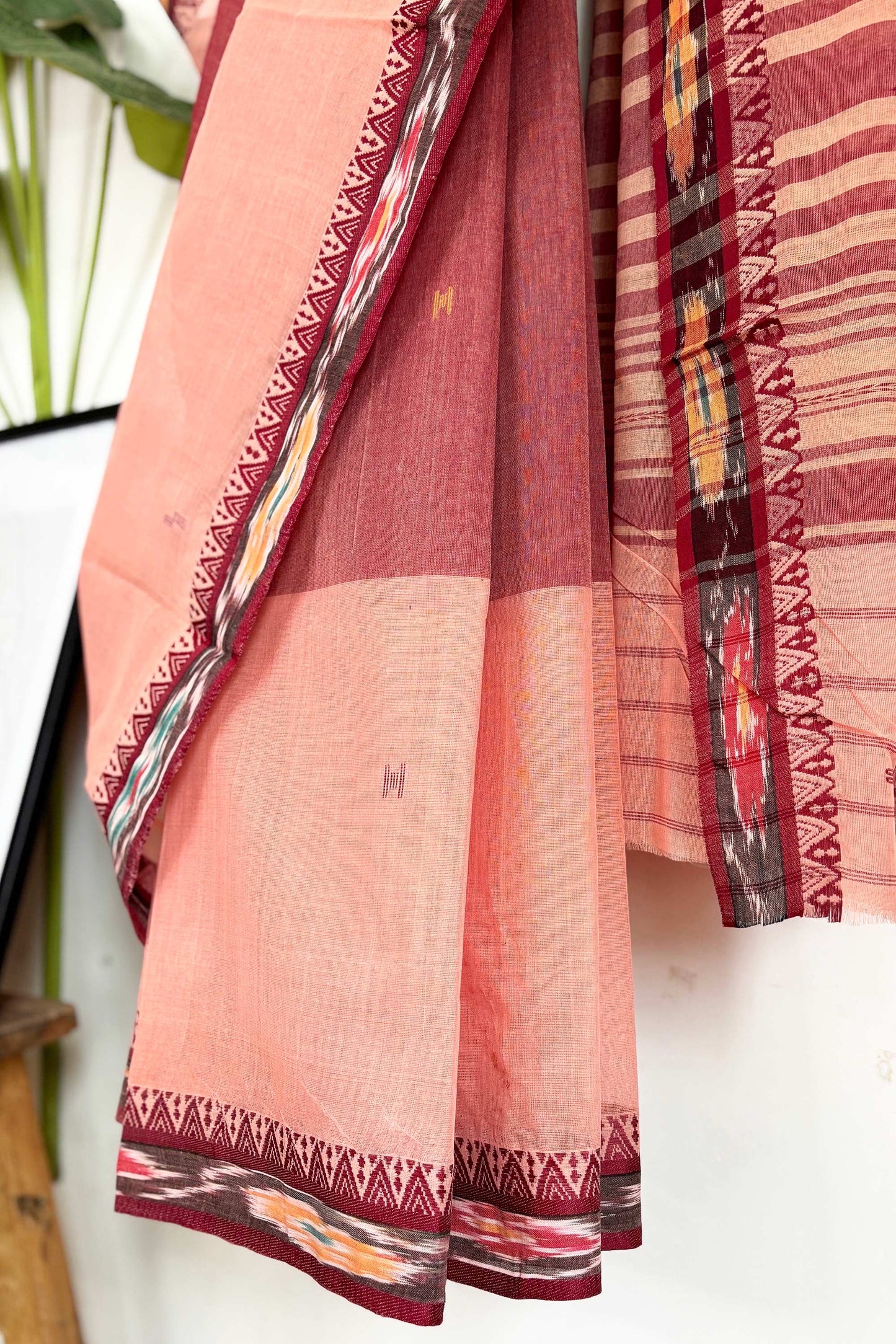 Peach Maroon Cotton Dhaniakhali Saree with Ikat Borders